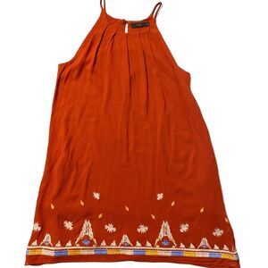 THML Orange Embroidered Hem Pleated Halter Boho Mini Dress Women's Size XS